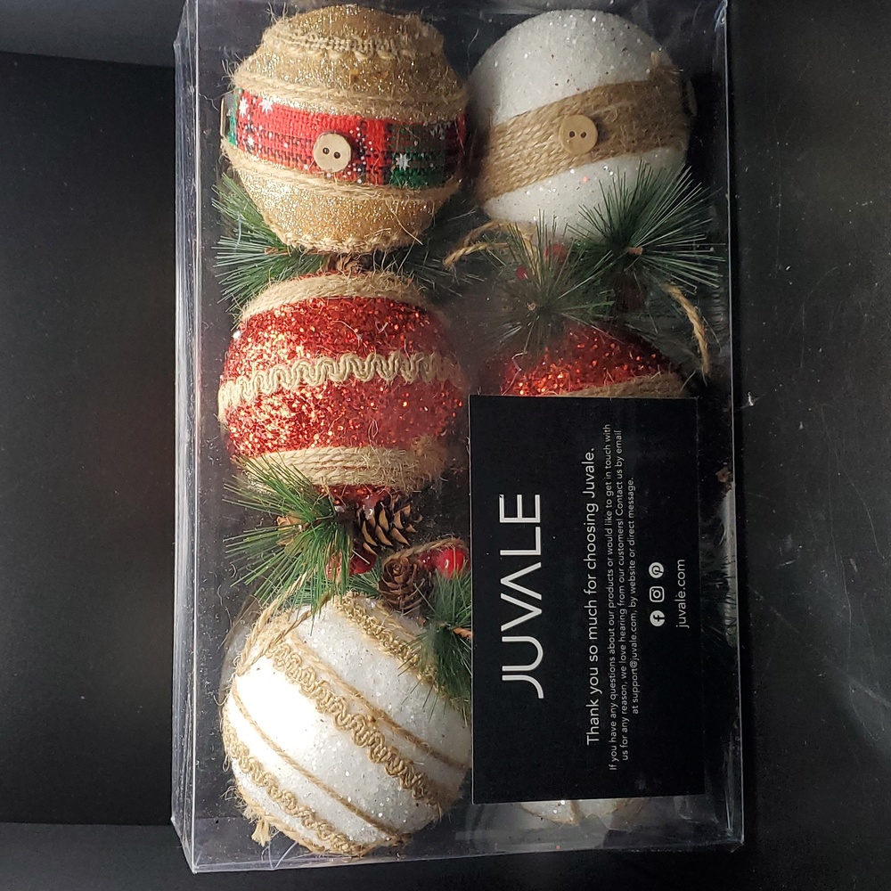 6pk Rustic Christmas Tree Ornaments,  Assorted Designs (3 x 5.4 In)- New in Box!